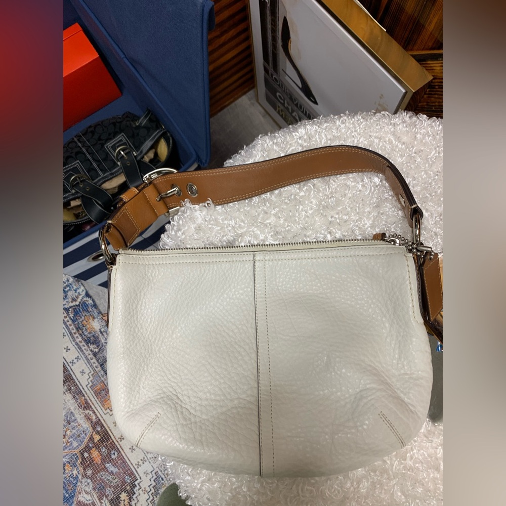 Coach Pebbled Leather Shoulder Bag Cream with Brown Strap, purple interior. - Picture 3 of 16